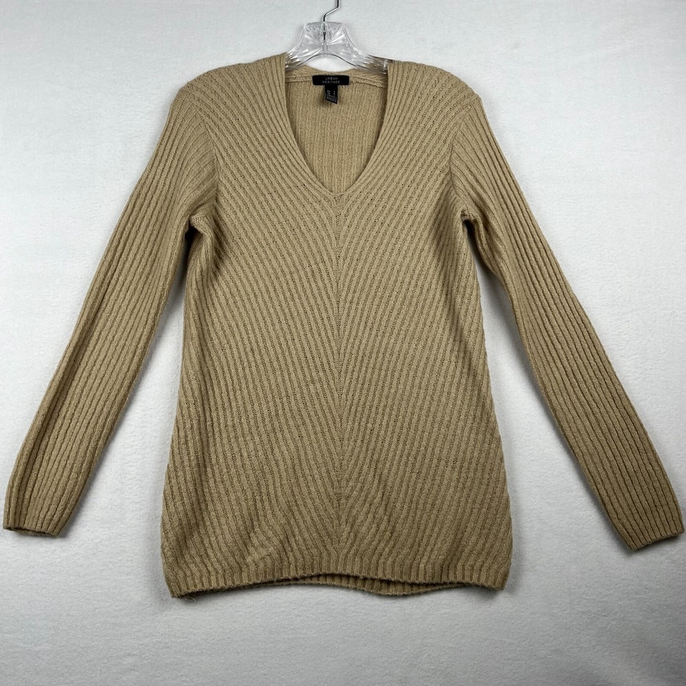 Urban Heritage Sweater Women's Small Tan Knit Ribbed V-Neck Classic Pullover